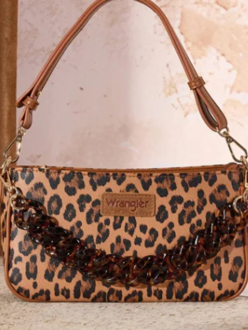 Wrangler Western Leopard Print Shoulder Bag with Chain Detail - Brown NWT